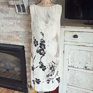 Max Mara sleeveless lined sheath dress cream with black and brown flowers